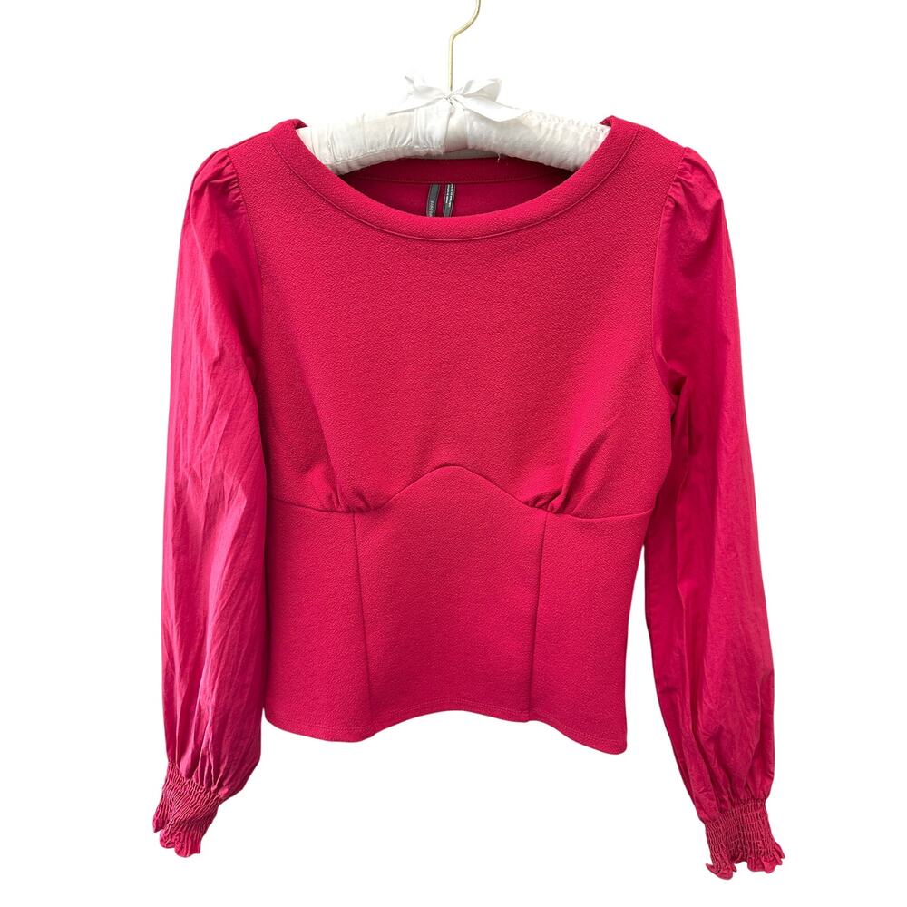 ANTHROPOLOGIE | Hot Pink Peplum Long Sleeve Blouse Top Fuchsia | XS